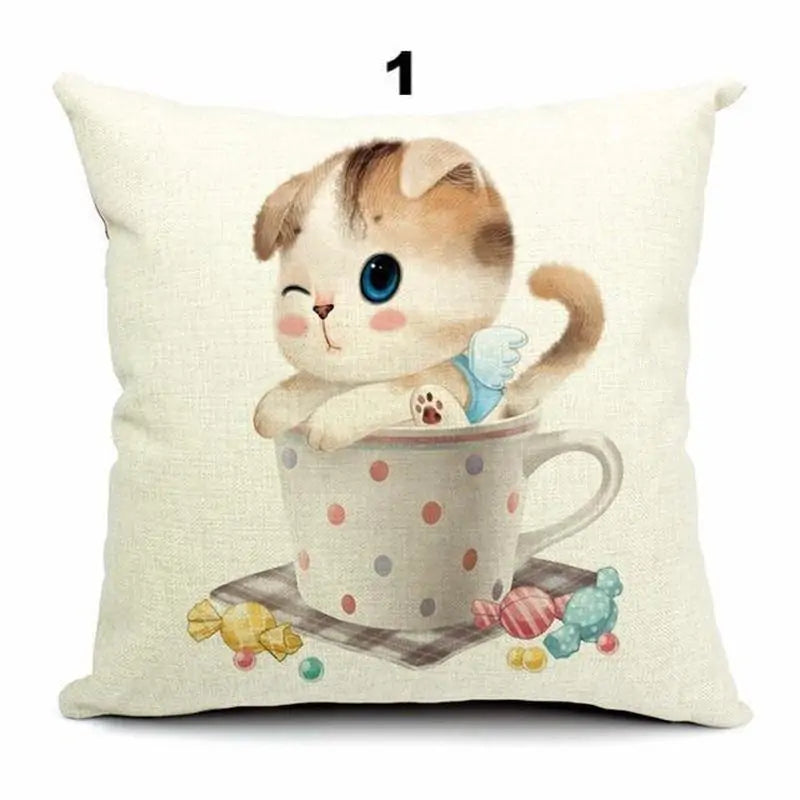 Cute 3D Retro Teacup Cat Cushion Covers